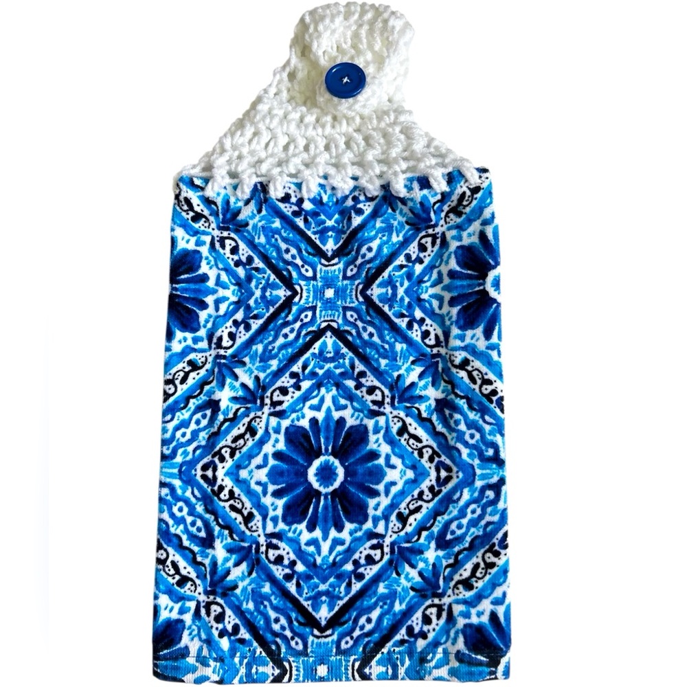 Hand Crafted Colorful Blue Floral Retro Hanging Hand Towel Crochet Top
